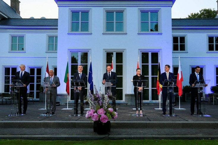 NATO Secretary-General Jens Stoltenberg, Dutch Prime Minister Mark Rutte, Danish Prime Minister Mette Frederiksen, Romanian President Klaus Johannis, Belgian Prime Minister Alexander De Croo, Polish Prime Minister Mateusz Morawiecki, Portuguese Prime Mini