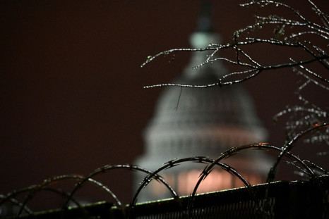 The U.S. Capitol is seen through ice-covered tree branches above barbed wire on a security fence in Washington, U.S. February 13, 2021. 