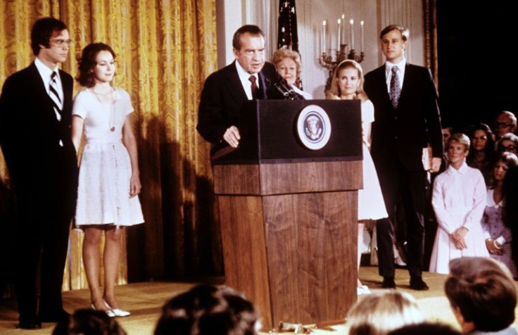 Richard Nixon is pictured in August 1974 saying his goodbyes to White House staffers after resigning the US presidency over the Watergate scandal