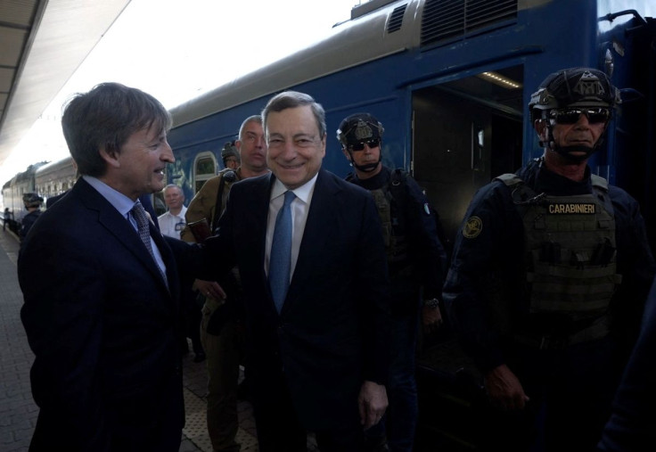 Italian Prime Minister Mario Draghi smiles as he arrives in Kyiv, Ukraine, in this still image obtained from a handout video on June 16, 2022. Filippo Attili/Palazzo Chigi Press Office/Handout via REUTERS