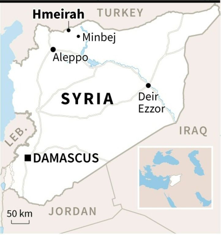 Map of Syria locating the village of Hmeirah near the border with Turkey