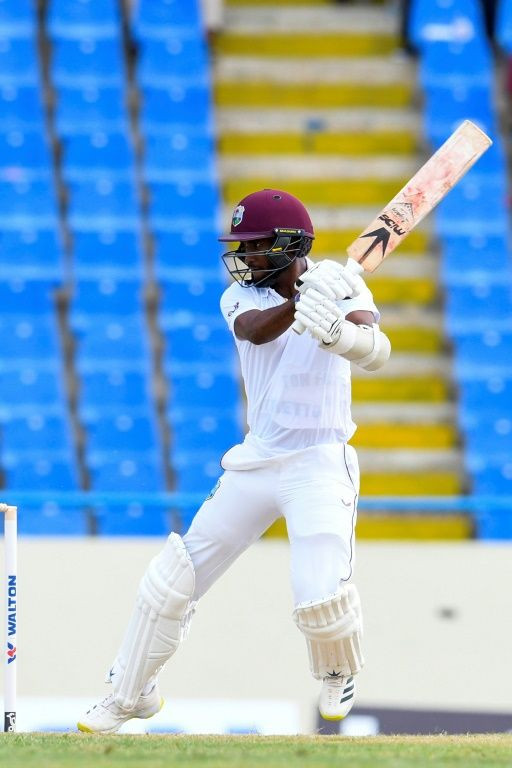 Slow going: Kraigg Brathwaite of West Indies hits a boundary