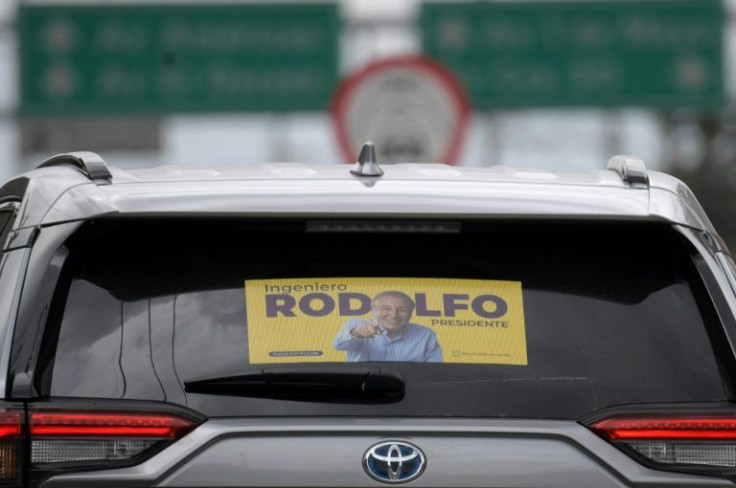 View of a sticker of Colombian presidential candidate and businessman Rodolfo Hernandez on a car in Bogota on June 14, 2022