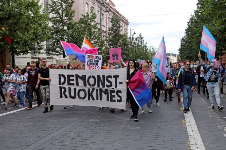 People march in a pared-down LGBT Pride parade protesting against lack of recognition for transgender people in Vilnius, Lithuania July 11, 2020.
