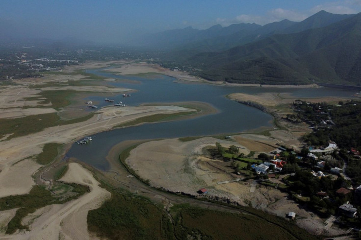 General view of reduced water levels at the La Boca dam, as more than half of Mexico faces moderate to severe drought conditions, in Santiago, Mexico June 17, 2022. Picture taken June 17, 2022. Picture taken with a drone.