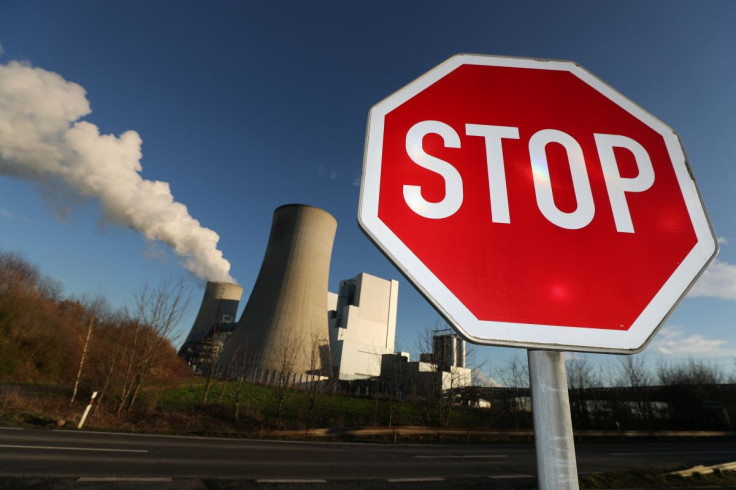 A Stop sign stands in front of the Neurath lignite power plant of German utility RWE, west of Cologne, Germany, January 16, 2020.