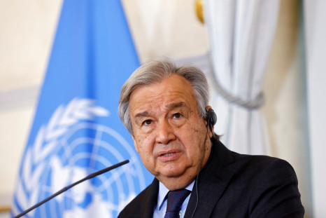 United Nations Secretary-General Antonio Guterres speaks during a news conference with Austrian Chancellor Karl Nehammer (not seen) and Foreign Minister Alexander Schallenberg (not seen) in Vienna, Austria May 11, 2022. 