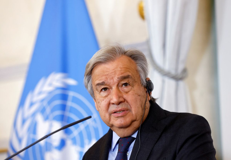 United Nations Secretary-General Antonio Guterres speaks during a news conference with Austrian Chancellor Karl Nehammer (not seen) and Foreign Minister Alexander Schallenberg (not seen) in Vienna, Austria May 11, 2022. 