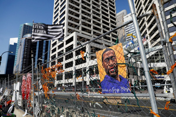 A portrait of George Floyd is seen outside of the Hennepin County Government Center in Minneapolis, Minnesota, U.S., April 2, 2021.