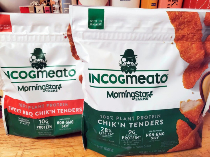 Frozen plant-based 'chicken tenders' made by MorningStar Farms, a unit of Kellogg Co. are pictured in New York, NY, U.S., April 19, 2021. Picture taken April 19, 2021.
