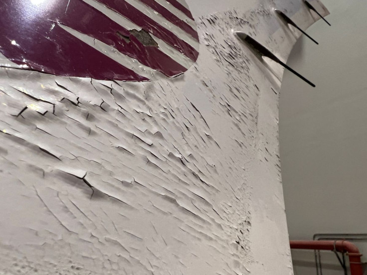 Surface damage seen on Qatar Airways' airbus A350 parked at Qatar airways aircraft maintenance hangar in Doha, Qatar, June 20, 2022.  