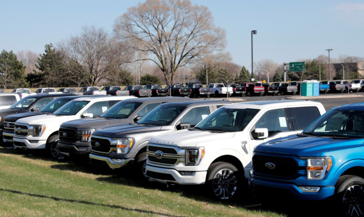 Newly manufactured Ford Motor Co. 2021 F-150 pick-up trucks are seen waiting for missing parts in Dearborn, Michigan, U.S., March 29, 2021. Picture taken March 29, 2021.  