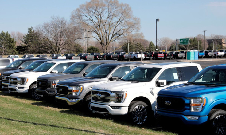 Newly manufactured Ford Motor Co. 2021 F-150 pick-up trucks are seen waiting for missing parts in Dearborn, Michigan, U.S., March 29, 2021. Picture taken March 29, 2021.