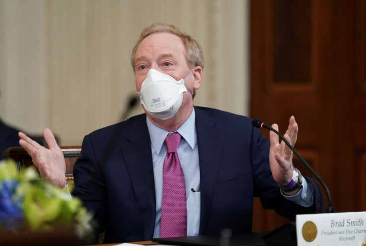 Microsoft President and Vice Chairman Brad Smith speaks during a meeting hosted by U.S. President Joe Biden with private sector CEOs to discuss the Build Back Better agenda at the White House in Washington, U.S., January 26, 2022. 