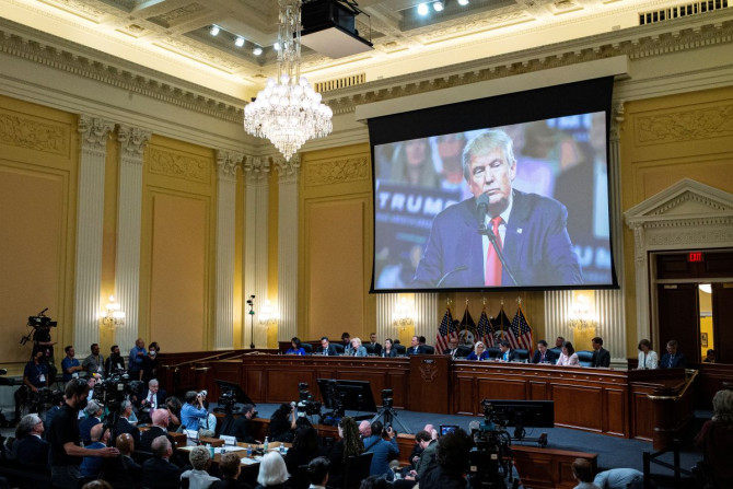 Former US President Donald Trump displayed on a screen during a hearing of the Select Committee to Investigate the January 6th Attack on the US Capitol in Washington, DC, U.S. June 21, 2022. Al Drago/Pool via REUTERS