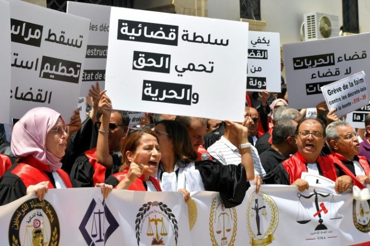 Judges gathered for a protest to demand the reinstatement of their colleagues fired by Tunisia's President Kais Saied