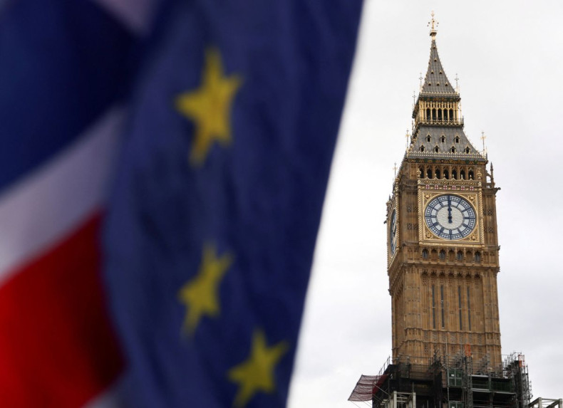 The European Union and Union Jack flags are flown outside the Houses of Parliament, in London, Britain February 9, 2022. 