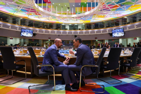 President of the European Council Charles Michel speaks with Spain's Prime Minister Pedro Sanchez at a main meeting room ahead of European Union leaders summit in Brussels, Belgium June 23, 2022. 