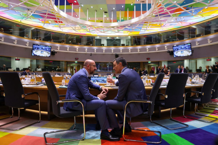 President of the European Council Charles Michel speaks with Spain's Prime Minister Pedro Sanchez at a main meeting room ahead of European Union leaders summit in Brussels, Belgium June 23, 2022. 