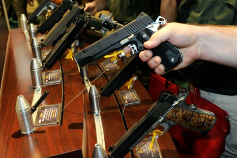 Pistols on display at the National Shooting Sports Foundation trade show in Las Vegas, Nevada