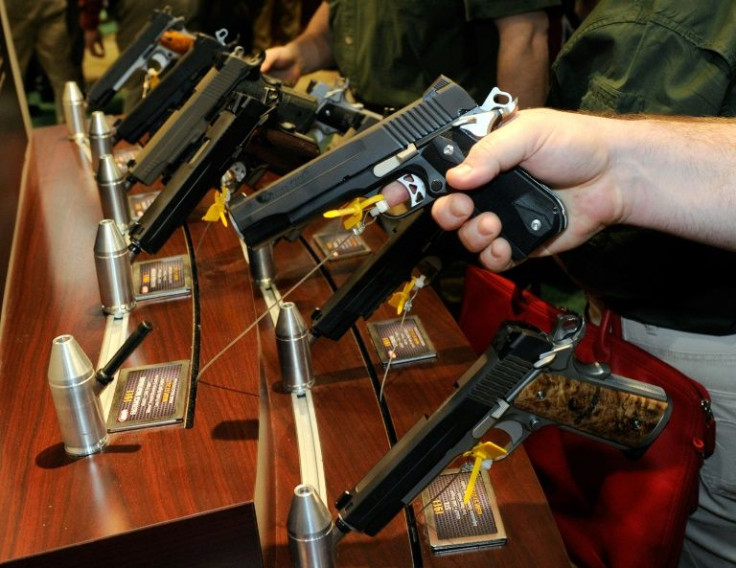 Pistols on display at the National Shooting Sports Foundation trade show in Las Vegas, Nevada