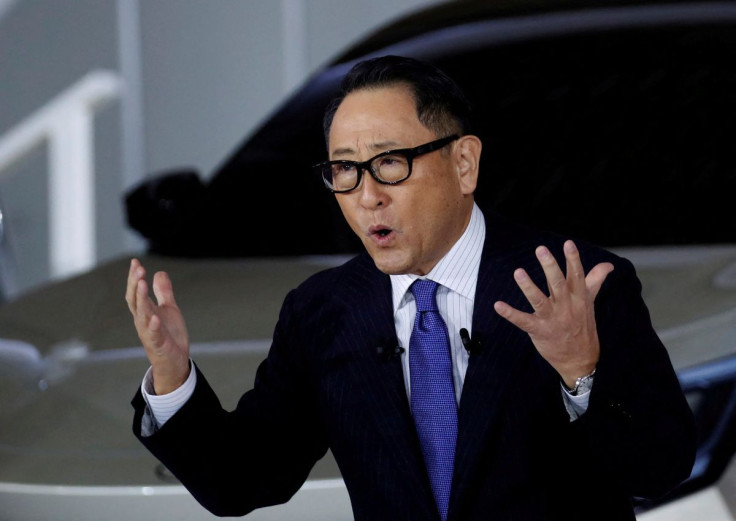 Toyota Motor Corporation President Akio Toyoda speaks at a briefing on the company's strategies on battery EVs in Tokyo, Japan December 14, 2021.