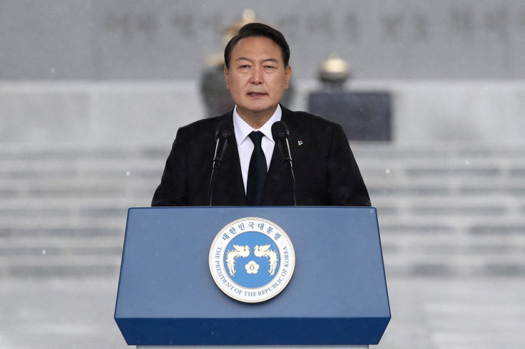 South Korean President Yoon Suk-yeol speaks during a ceremony marking Korean Memorial Day at the Seoul National cemetery on June 06, 2022 in Seoul, South Korea. Chung Sung-Jun/Pool via 