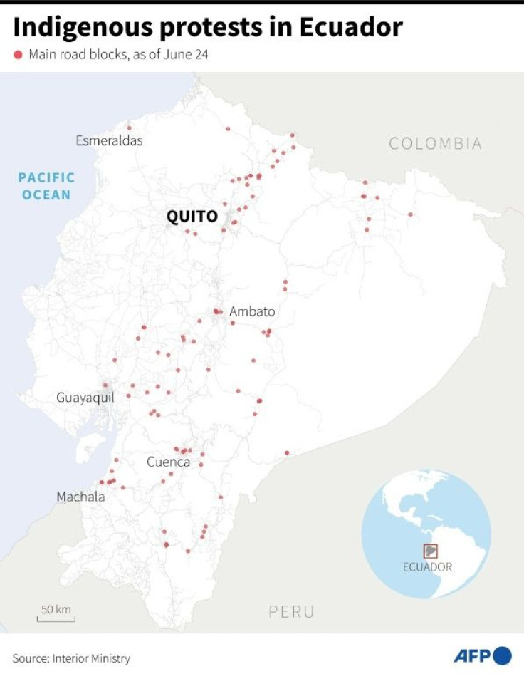 Map locating major road blocks by Indigenous protestors in Ecuador