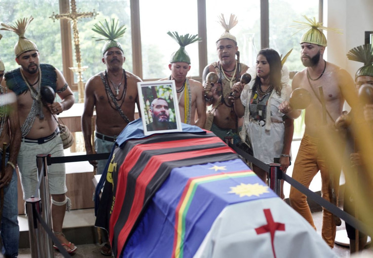 Xukuru indigenous people perform a ritual during the funeral of Brazilian indigenous expert Bruno Pereira, who was murdered in the Amazon along with British journalist Dom Phillips, in Recife, Brazil, June 24, 2022.