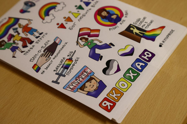 KyivPride stickers are kept on a table in preperation to be handed out during the KyivParade and Warsaw Equality Parade 2022 that will take place on June 25, in Warsaw, Poland June 24, 2022. Picture taken June 24, 2022.