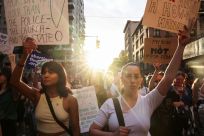 Abortion rights supporters protest in New York after the United States Supreme Court ruled in the Dobbs v Women's Health Organization abortion case, overturning the landmark Roe v Wade abortion decision, in New York, U.S., June 24, 2022. 