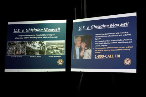 Display boards are seen at the office of the U.S. Attorney for the Southern District of New York ahead of a news conference announcing charges against Ghislaine Maxwell for her role in the sexual exploitation and abuse of minor girls by Jeffrey Epstein in