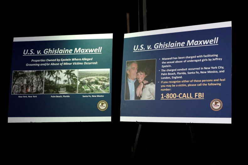 Display boards are seen at the office of the U.S. Attorney for the Southern District of New York ahead of a news conference announcing charges against Ghislaine Maxwell for her role in the sexual exploitation and abuse of minor girls by Jeffrey Epstein in