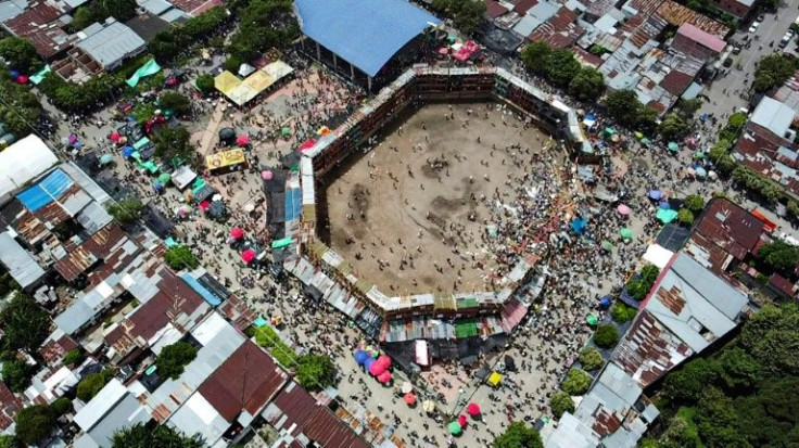 An aerial view of the collapsed grandstand in a bullring in the Colombian city of El Espinal