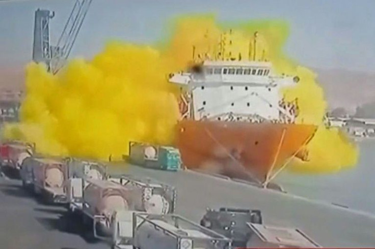 Footage on state TV showed a large cylinder plunging from a crane on a moored vessel in Jordan's Aqaba port, causing a violent explosion of yellow gas