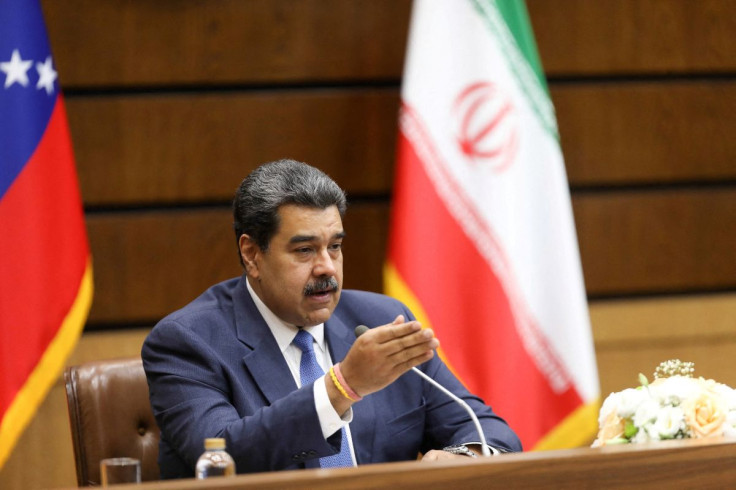 Venezuelan President Nicolas Maduro speaks during a meeting with Iranian President Ebrahim Raisi (not pictured) after Iran delivered to Venezuela the second of four Aframax-sized oil tankers, with a capacity of 800,000 barrels, ordered from the Iranian co