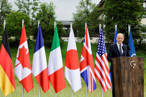 German Chancellor Olaf Scholz addresses the media following the G7 summit at Schloss Elmau, near Garmisch-Partenkirchen, Germany, June 28, 2022. 