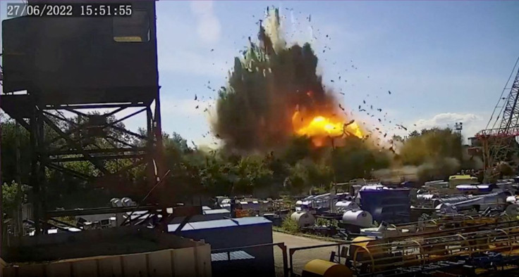 A view of the explosion as a Russian missile strike hits a shopping mall amid Russia's attack on Ukraine, at a location given as Kremenchuk, in Poltava region, Ukraine in this still image taken from handout CCTV footage released June 28, 2022.  CCTV via I
