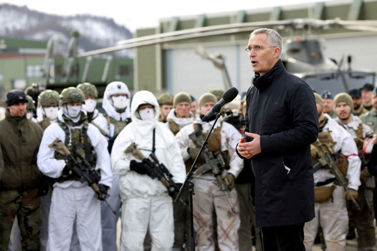 NATO Secretary General Jens Stoltenberg addresses the troops as part of a military exercise called "Cold Response 2022", gathering around 30,000 troops from NATO member countries plus Finland and Sweden, amid Russia's invasion of Ukraine, at a base in Bar