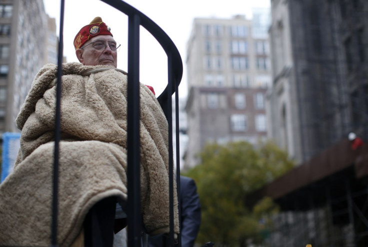 Former United States Marine Hershel 'Woody' Williams, a U.S. Medal of Honor recipient and the last surviving member of the famous Iwo Jima flag raising image, rides on a float during the New York City Veterans Day parade on 5th Avenue in New York, Novembe