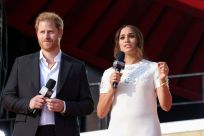 Britain's Prince Harry and Meghan Markle speak at the 2021 Global Citizen Live concert at Central Park in New York