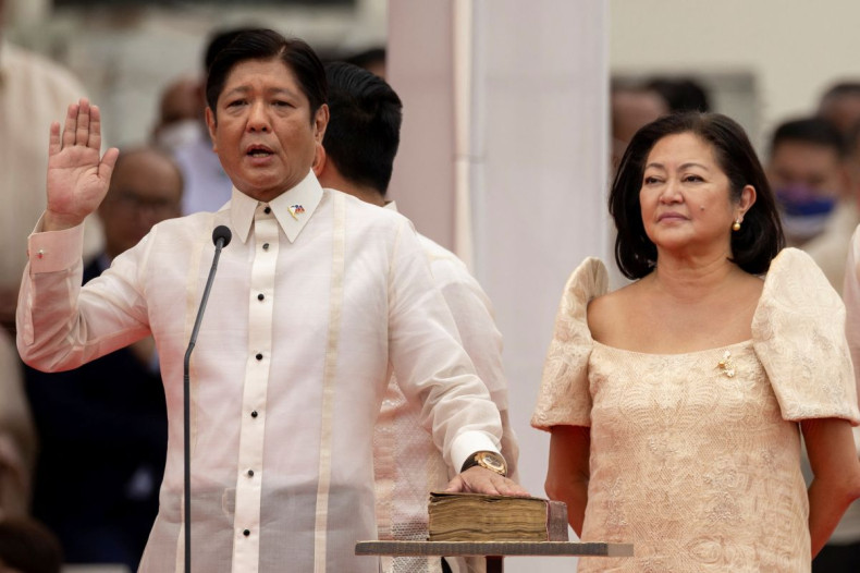 Ferdinand "Bongbong" Marcos Jr., the son and namesake of the late dictator Ferdinand Marcos, takes oath beside his wife Louise Araneta-Marcos during the inauguration ceremony at the National Museum in Manila, Philippines, June 30, 2022. 