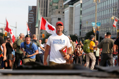 James Topp, a Canadian Forces veteran who marched across Canada protesting against the coronavirus disease (COVID-19) vaccines mandates, arrives at the Tomb of the Unknown Soldier and the National War Memorial ahead of Canada Day in Ottawa, Ontario, Canad