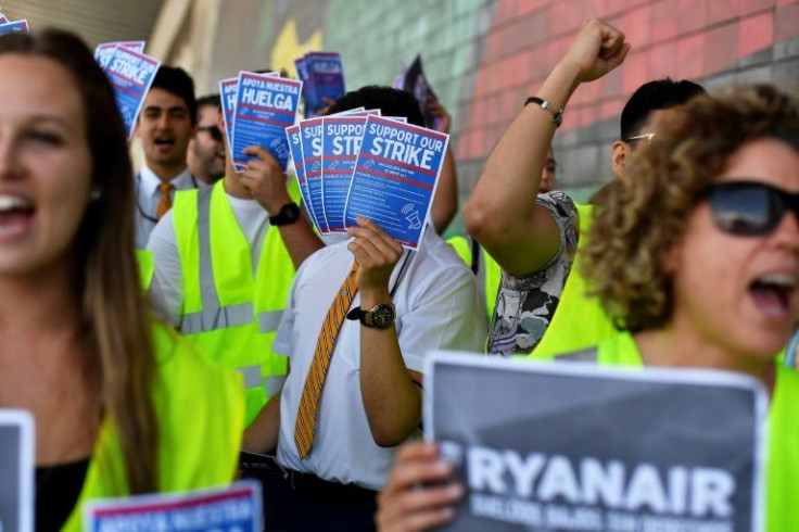 Striking Ryanair workers protest at Barcelona's El Prat airport