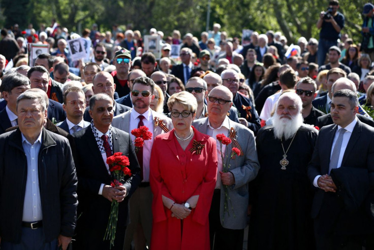 Russian ambassador to Bulgaria Eleonora Mitrofanova attends celebrations of Victory Day, in Sofia, Bulgaria, May 9, 2022. 