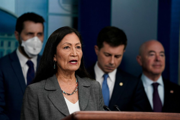 U.S. Secretary of the Interior Deb Haaland speaks during a briefing about the bipartisan infrastructure law at the White House in Washington, U.S., May 16, 2022. 