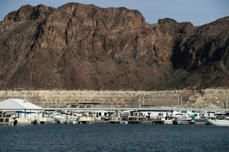 The bathtub ring of Lake Mead during low water levels due to the western drought at the Lake Mead Marina on the Colorado River in Boulder City, Nevada on May 5, 2022