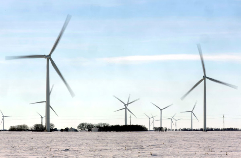 Wind turbines are seen in a field near Emerson, Manitoba, Canada February 25, 2017.  