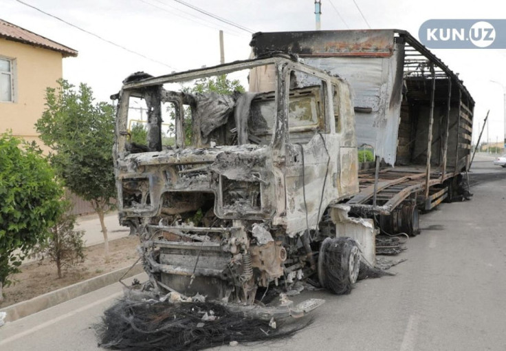A view shows a truck which was burnt during protests in Nukus, capital of the northwestern Karakalpakstan region, Uzbekistan July 3, 2022. KUN.UZ/Handout via REUTERS