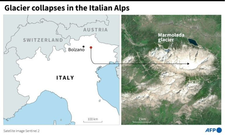 Map and satellite image locating the Marmolada glacier in the Italian Alps, where a huge block of ice broke off on Sunday